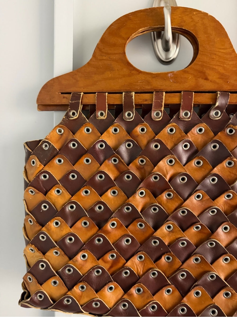 Vintage Handmade Leather & Wood Weave Statement Handbag