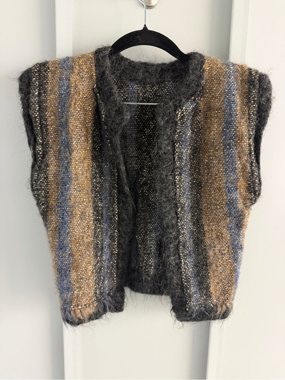 Handmade Alpaca Wool Open Front Fuzzy Trim Striped Vest - Brown Blue Black