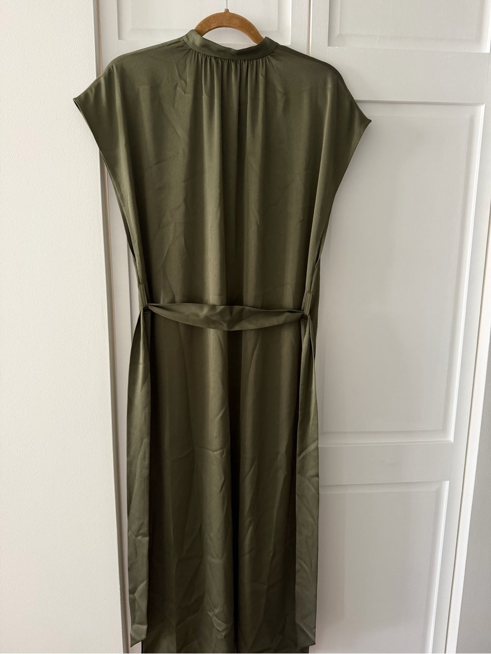 Filippa K Olive Green Satin-Finish Midi Dress - Size 36 (Fits Oversized) NWT