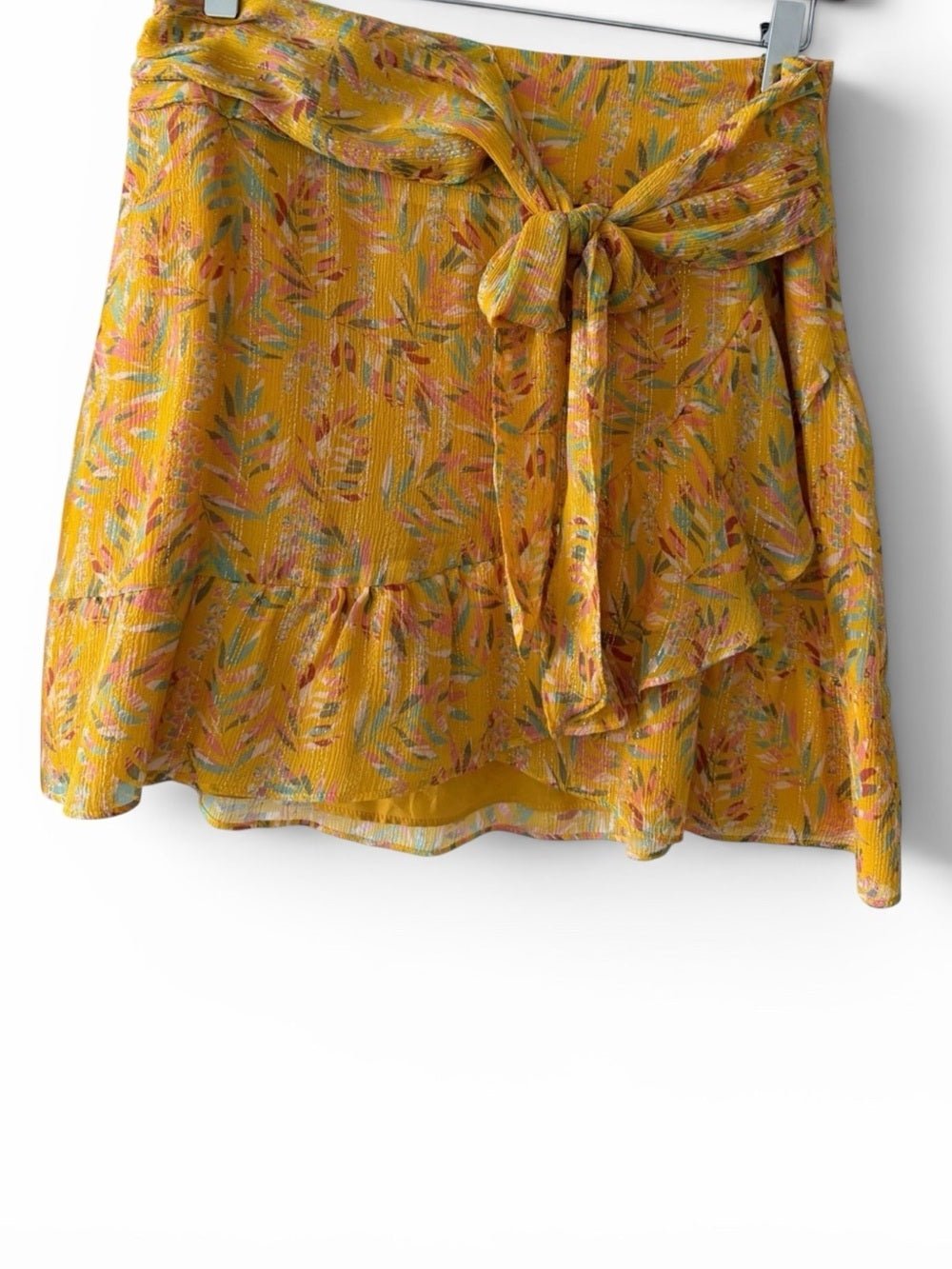 Sezane Silk Metallic Floral Mini Skirt Yellow Tie Front size FR 40/ US 6-8 - Studio Edition