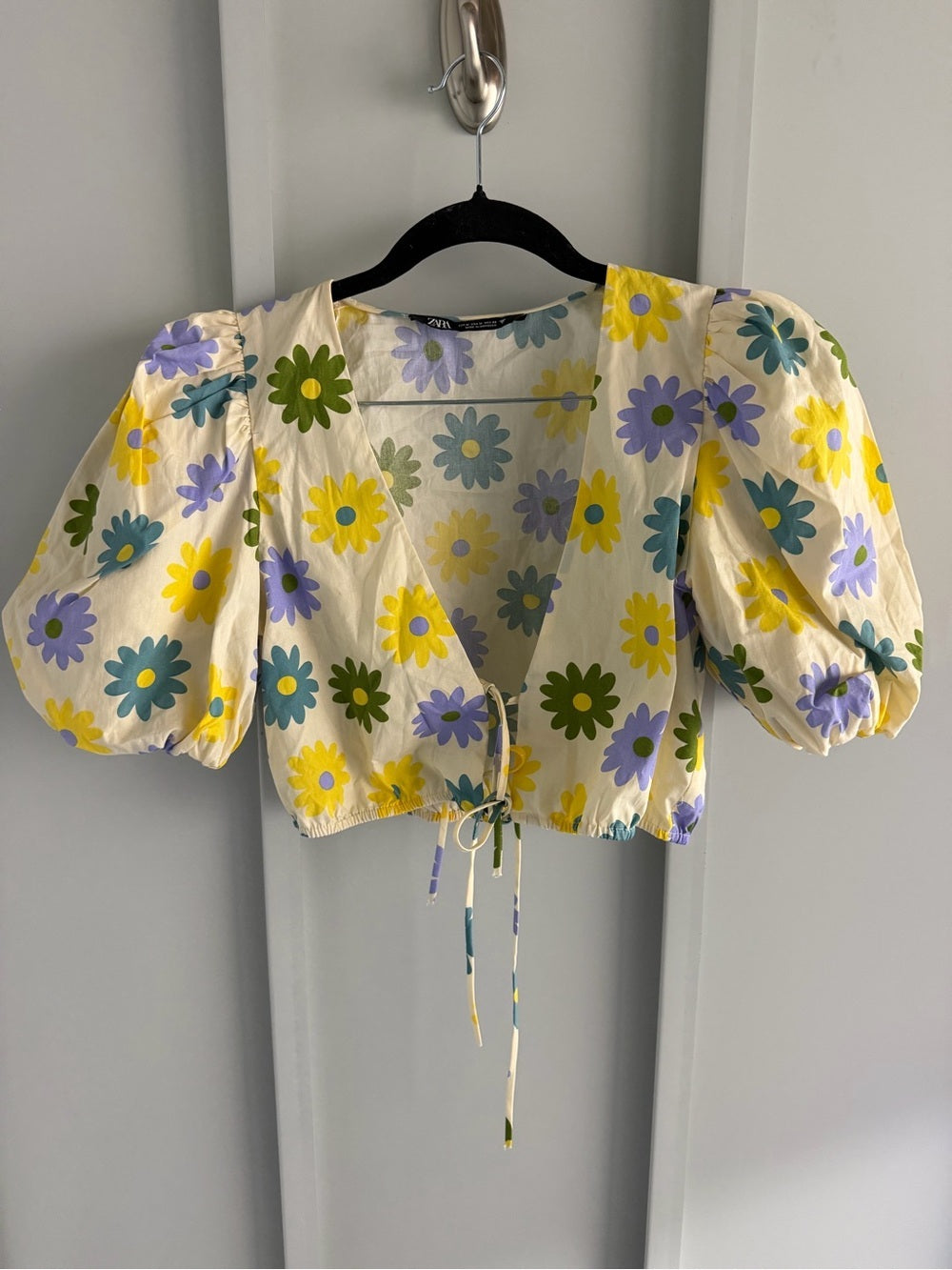 ZARA Floral Yellow Print Tie-Front Puff Sleeve Cropped Cotton Blouse - Size M