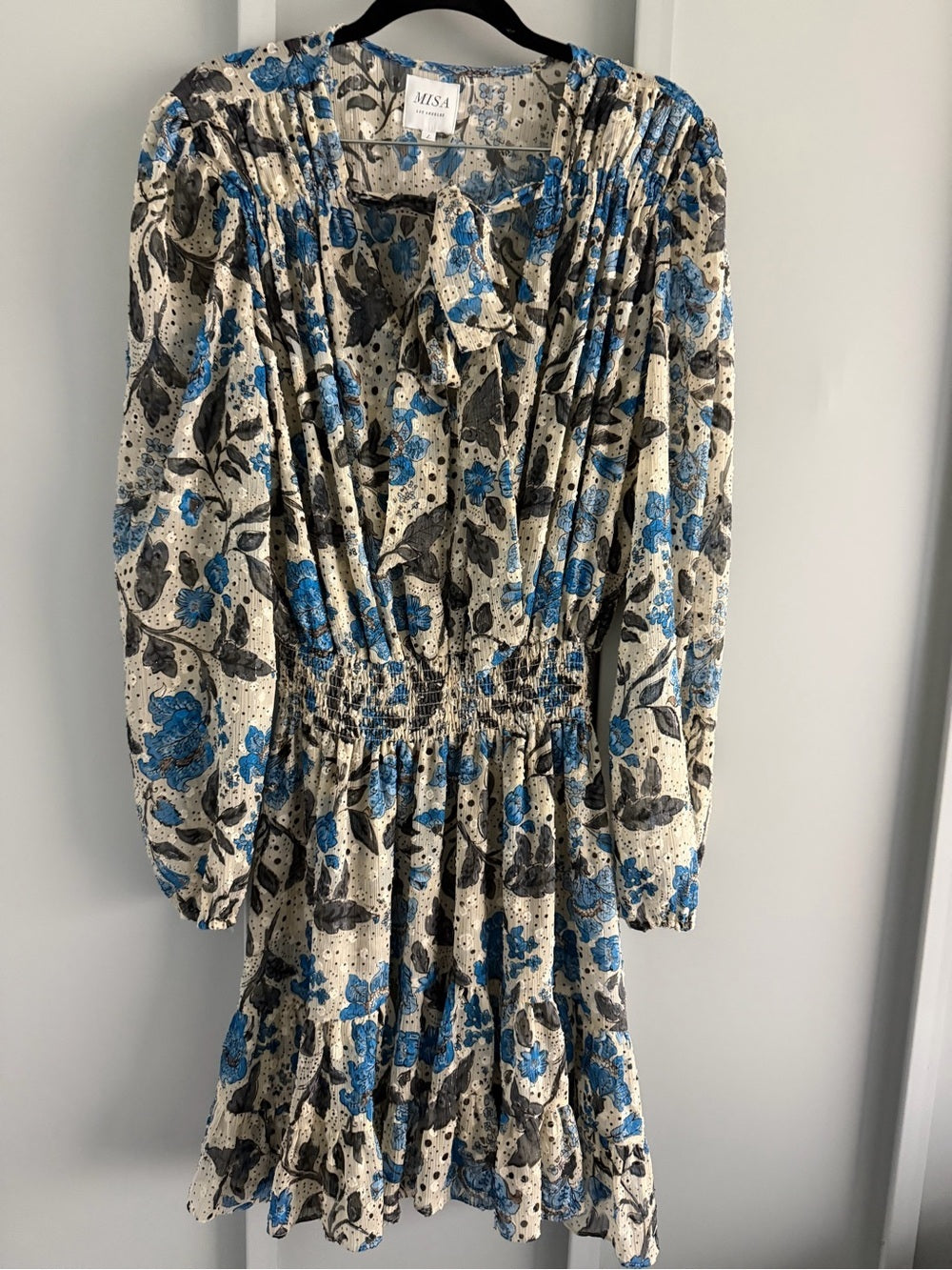 MISA Los Angeles Floral Chiffon Smocked Waist Tie Neck Dress L