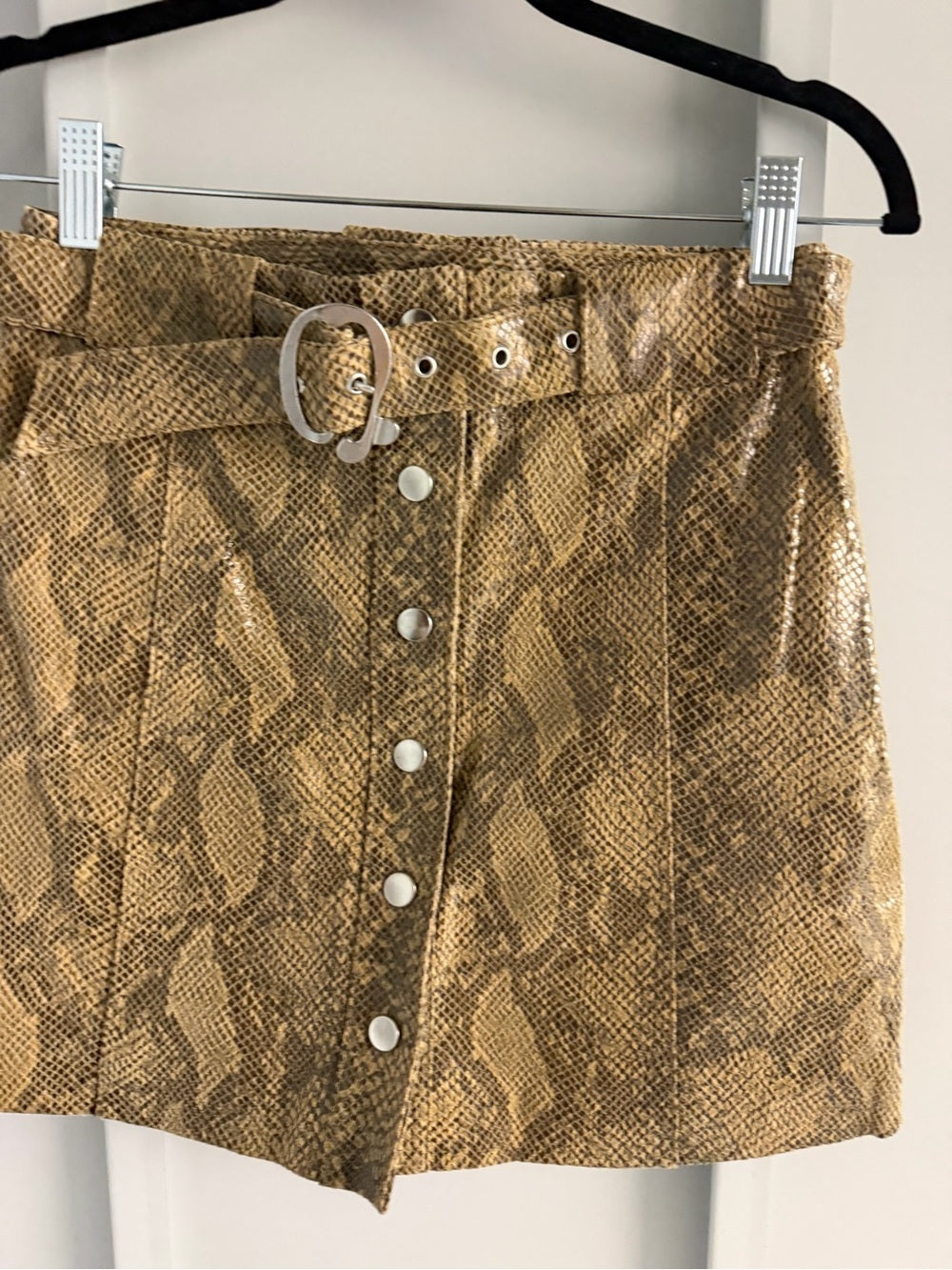 Zara 100% Leather Snakeskin Print Belted Mini Skirt - Size XS