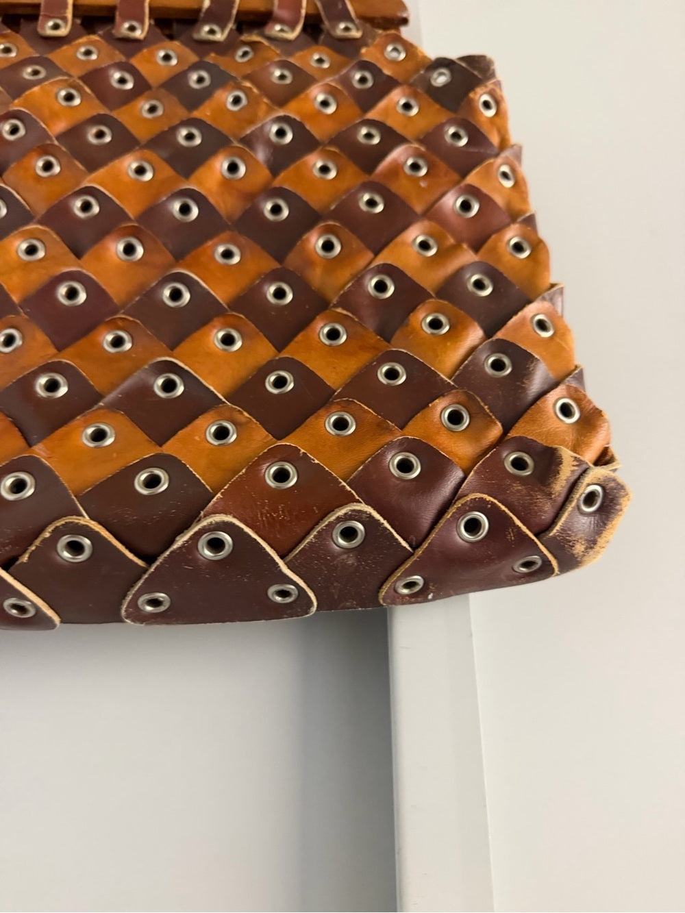 Vintage Handmade Leather & Wood Weave Statement Handbag