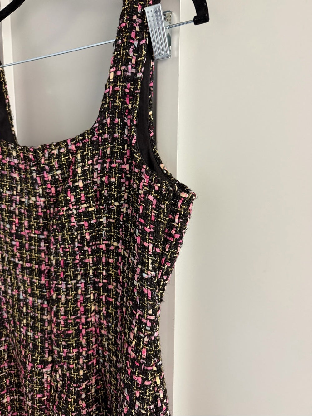Sincerely Jules Black Pink Metallic Gold Tweed Shift Mini Dress L