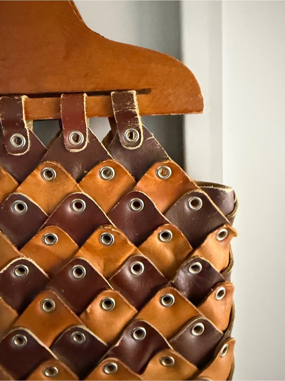 Vintage Handmade Leather & Wood Weave Statement Handbag