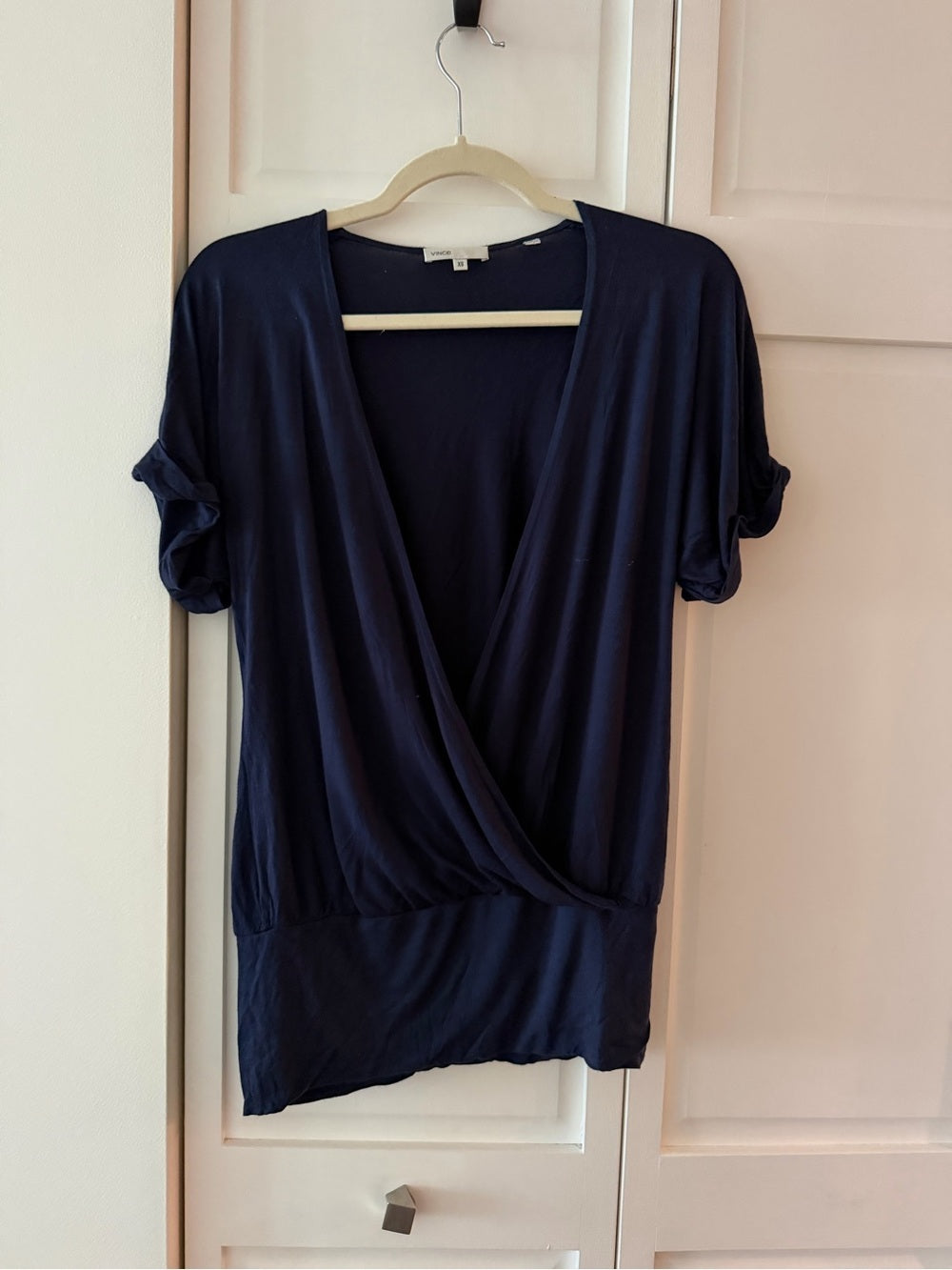 Vince Navy Blue Deep V-Neck Surplice Drape Wrap Top XS