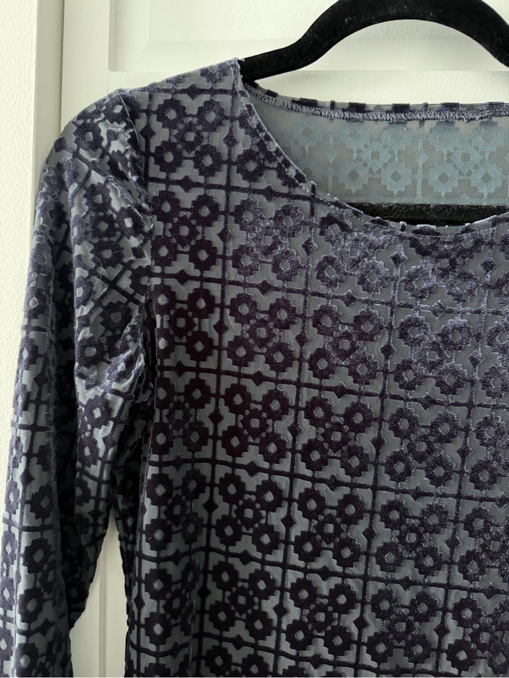Vintage Sheer Mesh Velvet Devoré Geometric Long Sleeve Top Slate Grey M
