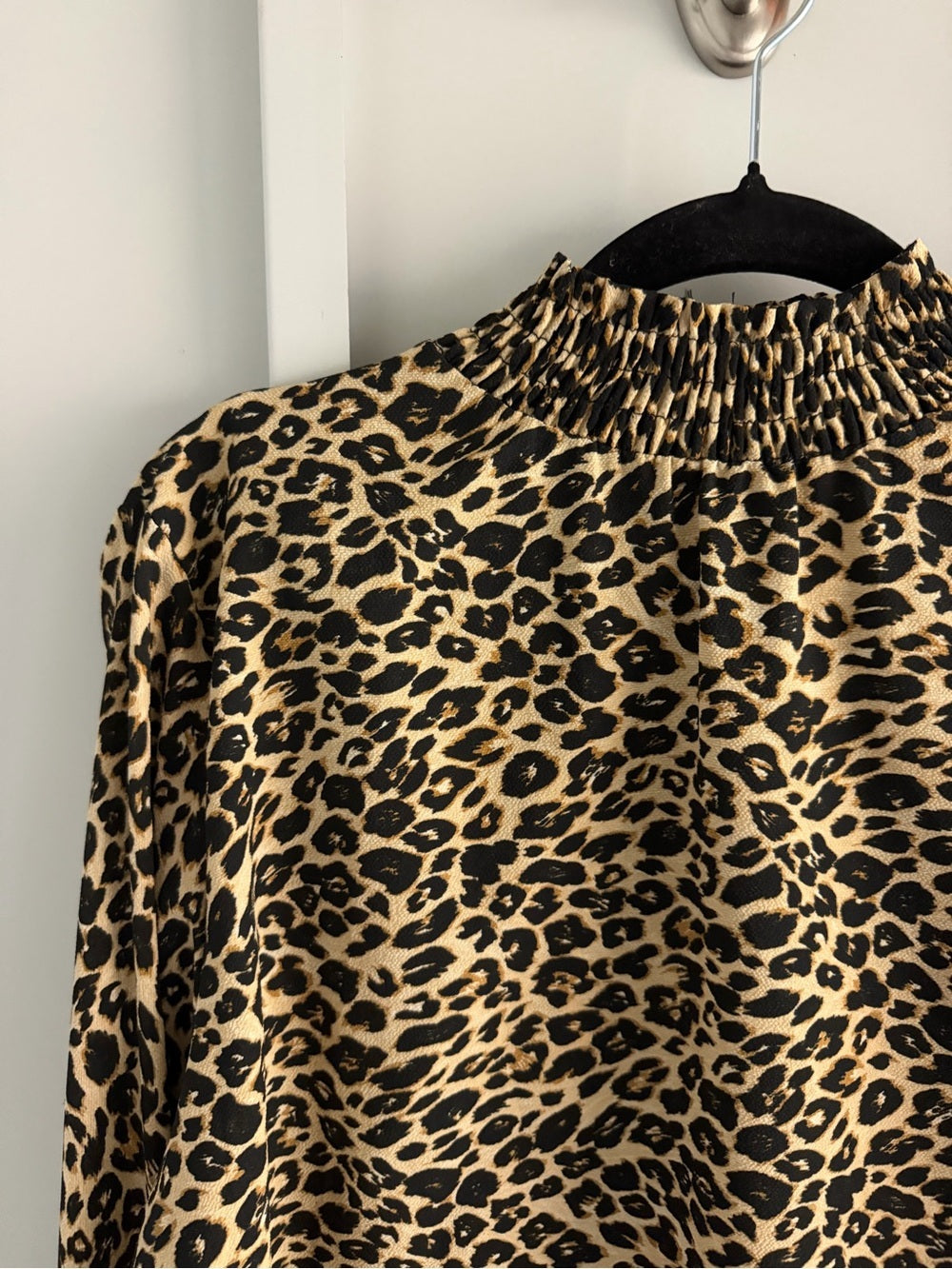Vintage Italian Leopard Print Smocked Mock Neck Blouse L
