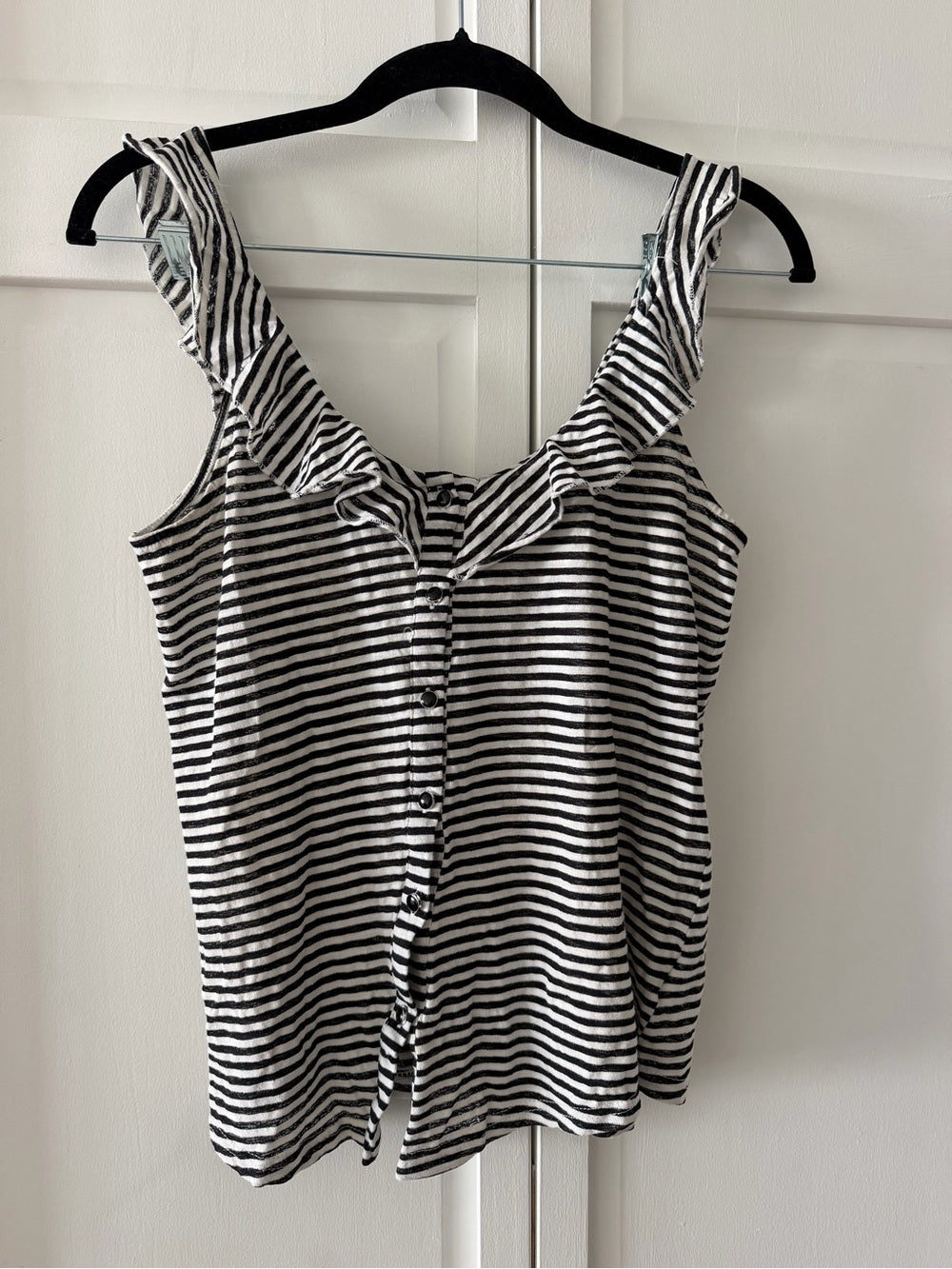 Peace Love Black & White Striped Ruffle Button-Front Tank Top size S French