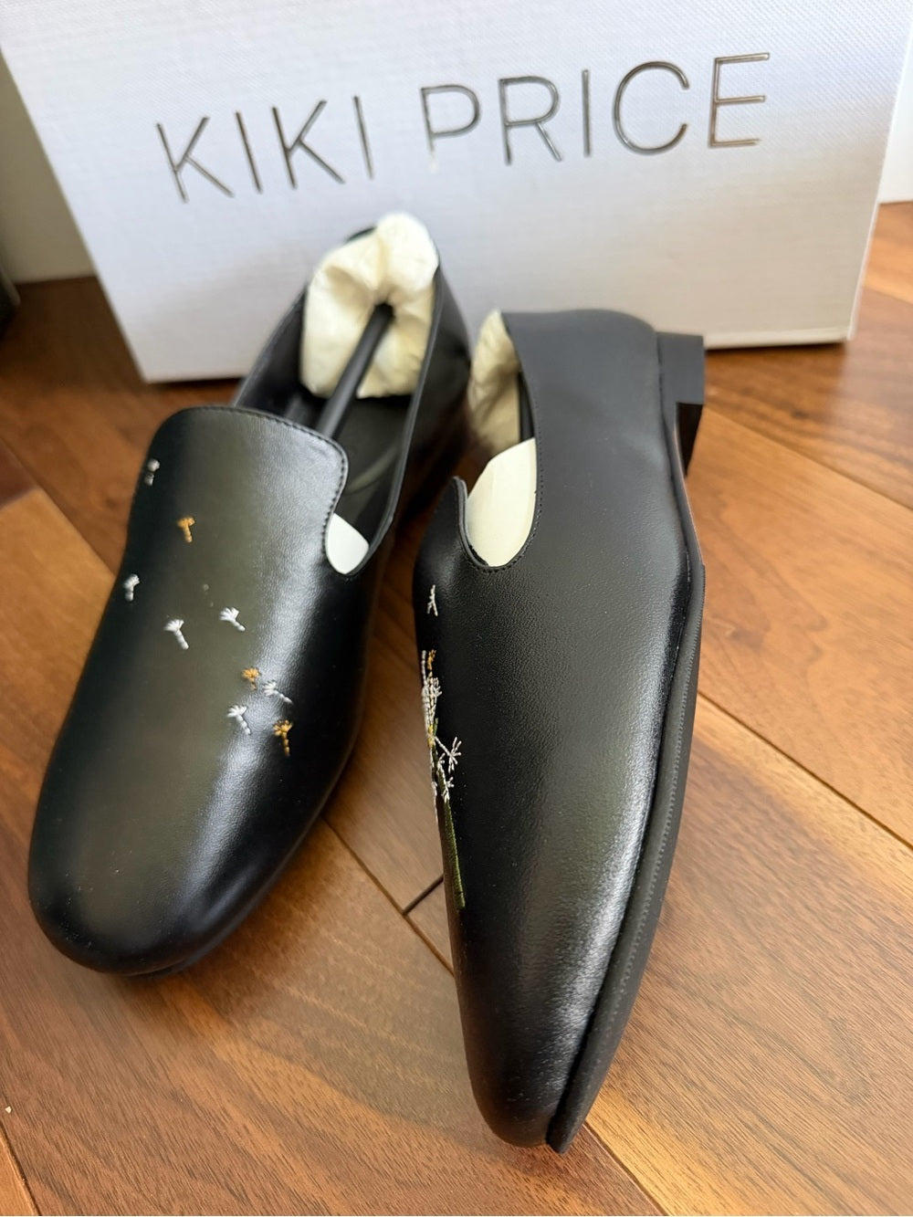 Kiki Price Embroidered Dandelion Black Leather Flats - Size 40