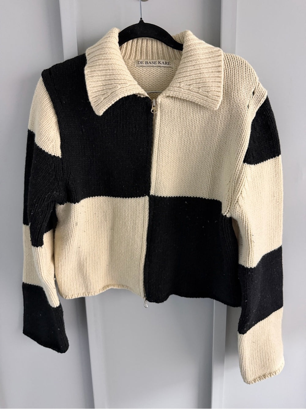 De Base Karé Black & White Colorblock Wool Blend Zip-Up Sweater Size L
