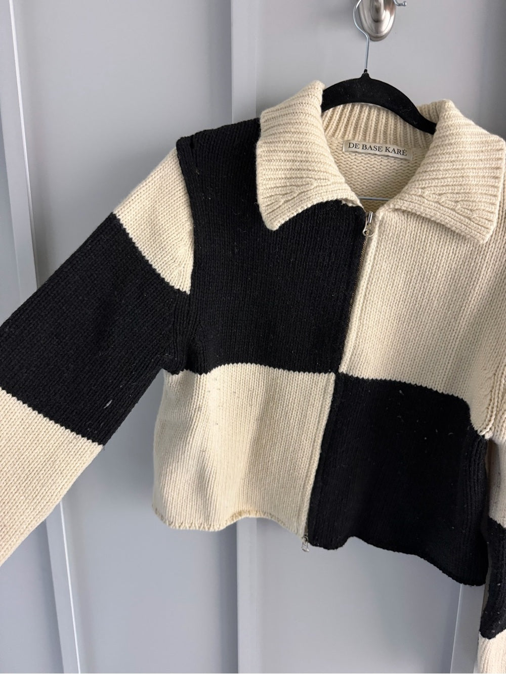 De Base Karé Black & White Colorblock Wool Blend Zip-Up Sweater Size L