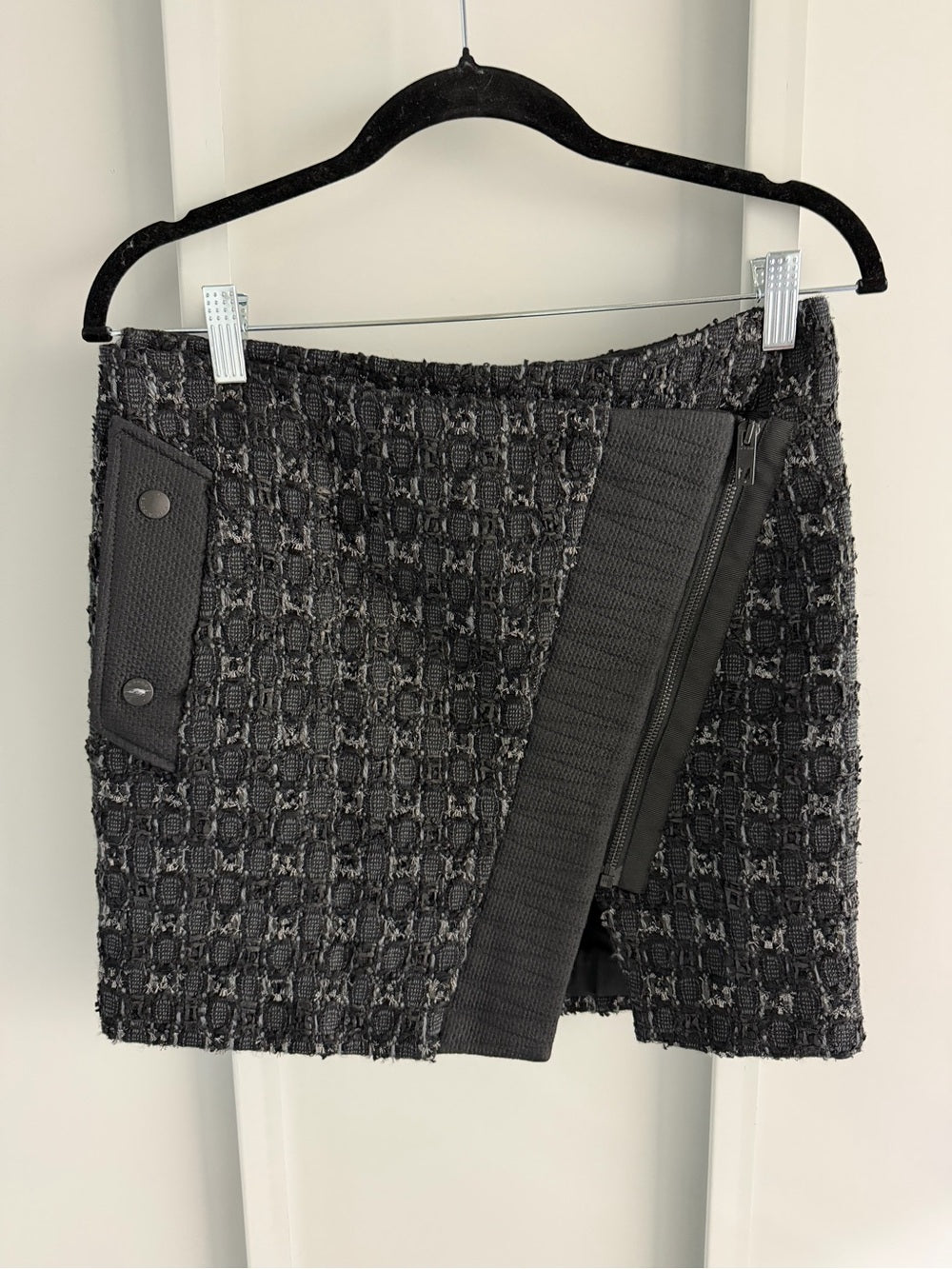 Rag & Bone Black Virgin Wool Tweed Asymmetric Zip Wrap Mini Skirt 2