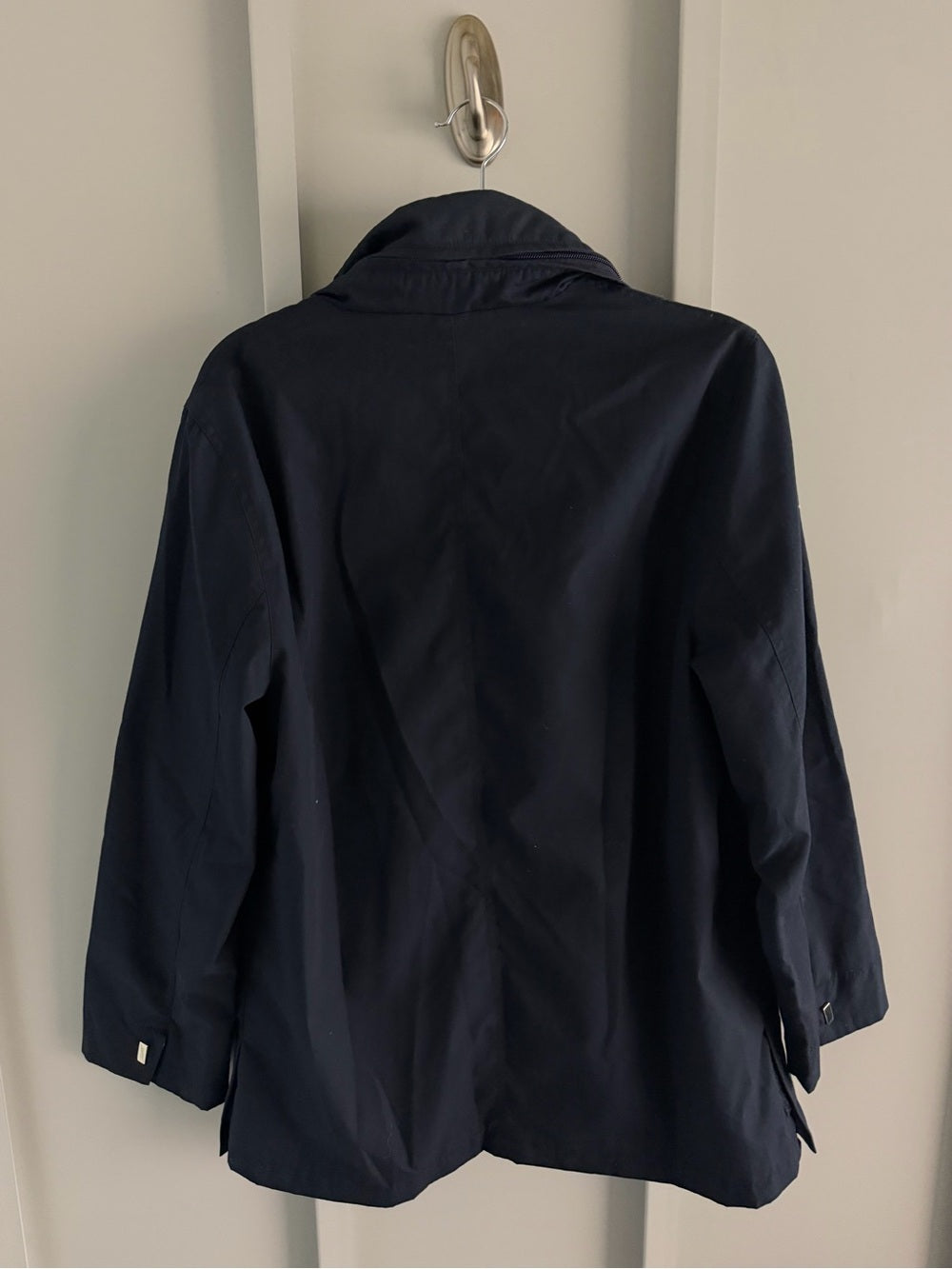 Nuage Navy Blue Plaid-Lined Short Trench Jacket - Size Small