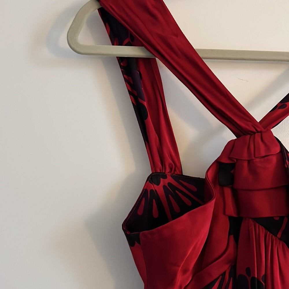 2000s Vintage Marc by Marc Jacobs Red Floral Satin Halter Mini Cocktail Dress
