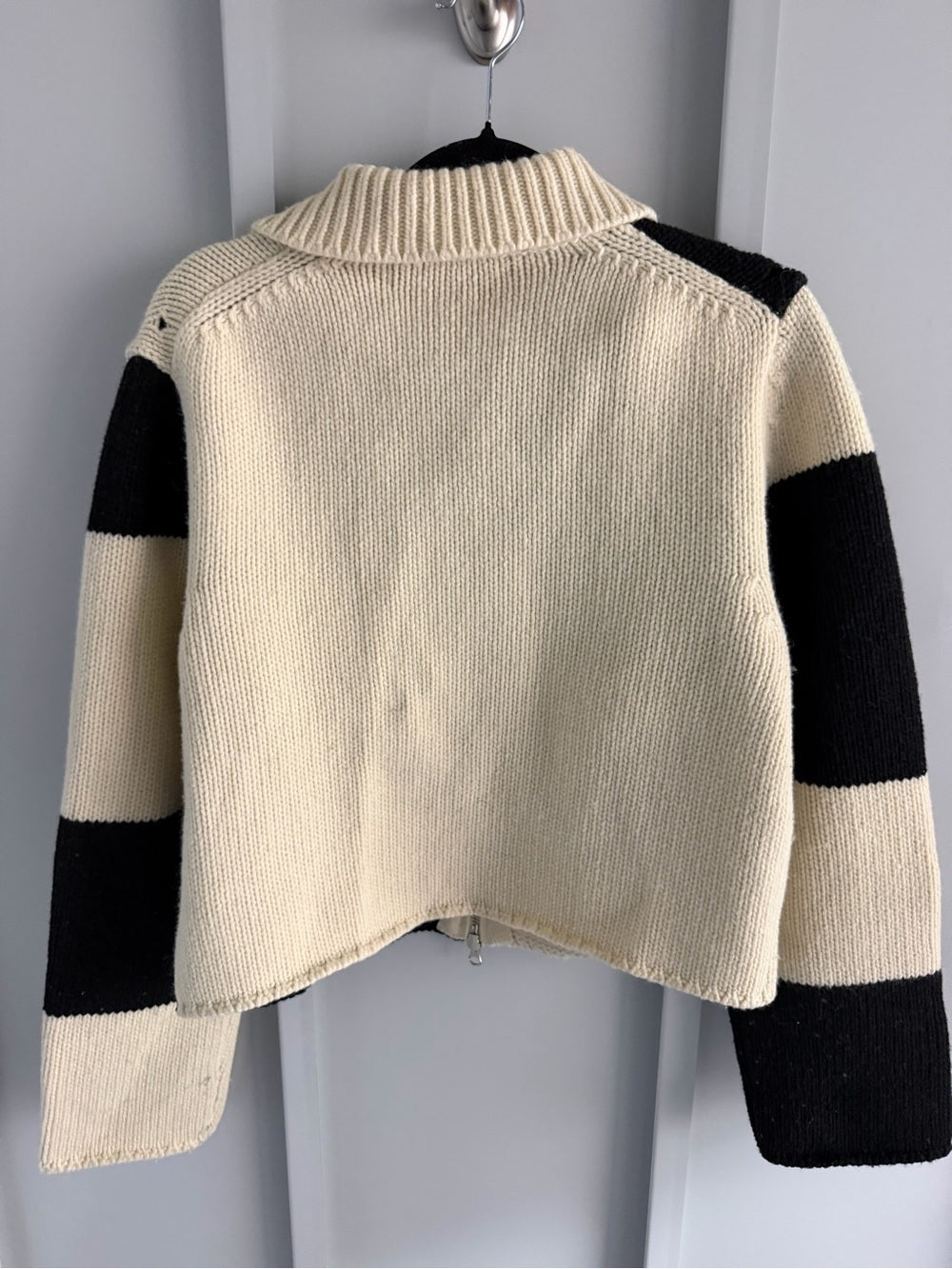 De Base Karé Black & White Colorblock Wool Blend Zip-Up Sweater Size L