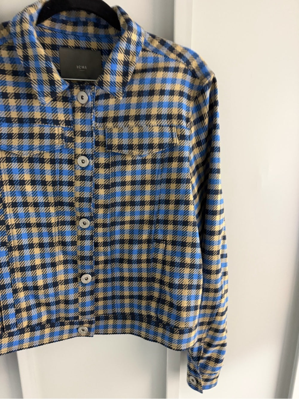 ICHI Blue & Beige Checkered Button-Up Jacket - Size 36 Like New Size S