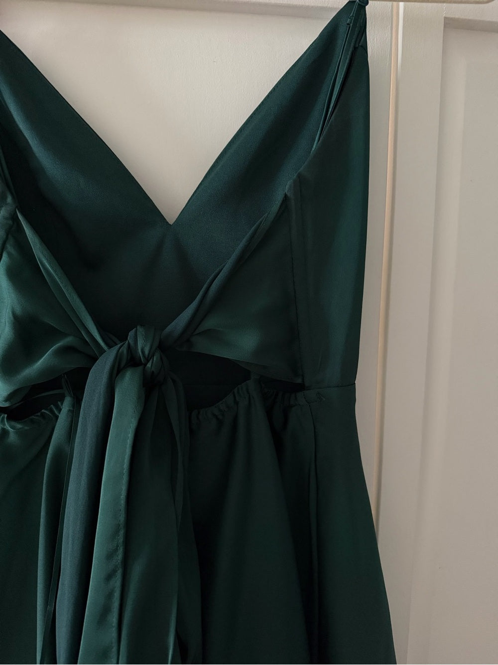 Maniju Emerald Green Satin Tie Back Midi Dress Small NWoT