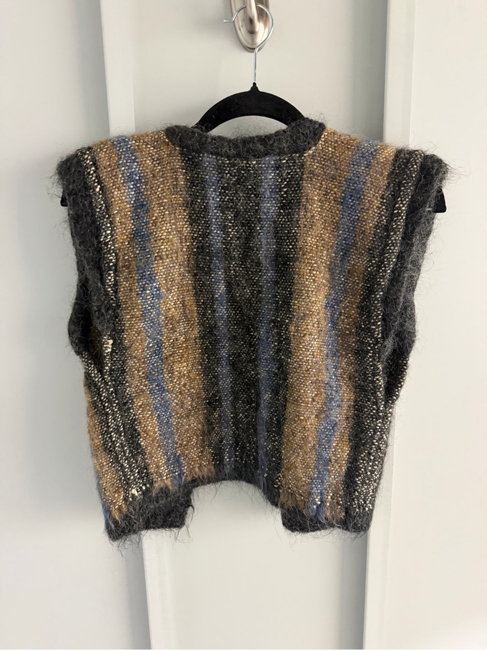 Handmade Alpaca Wool Open Front Fuzzy Trim Striped Vest - Brown Blue Black