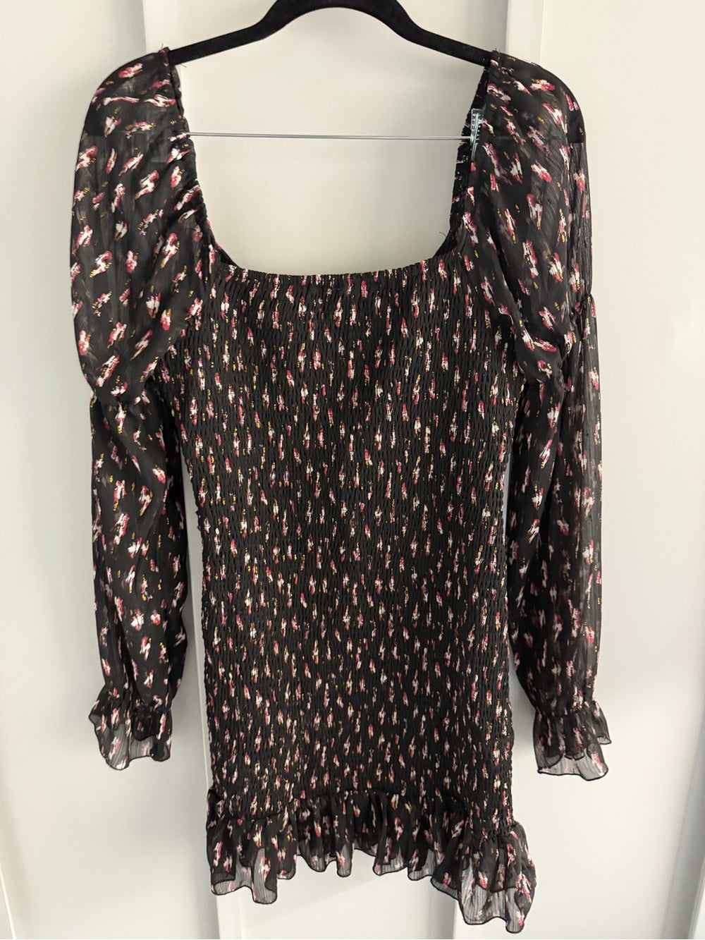 Knedik Metallic Floral Smocked Bodycon Mini Dress L
