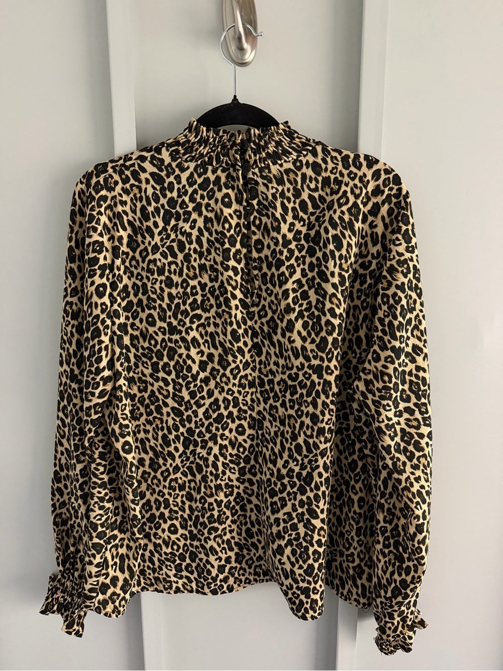Vintage Italian Leopard Print Smocked Mock Neck Blouse L