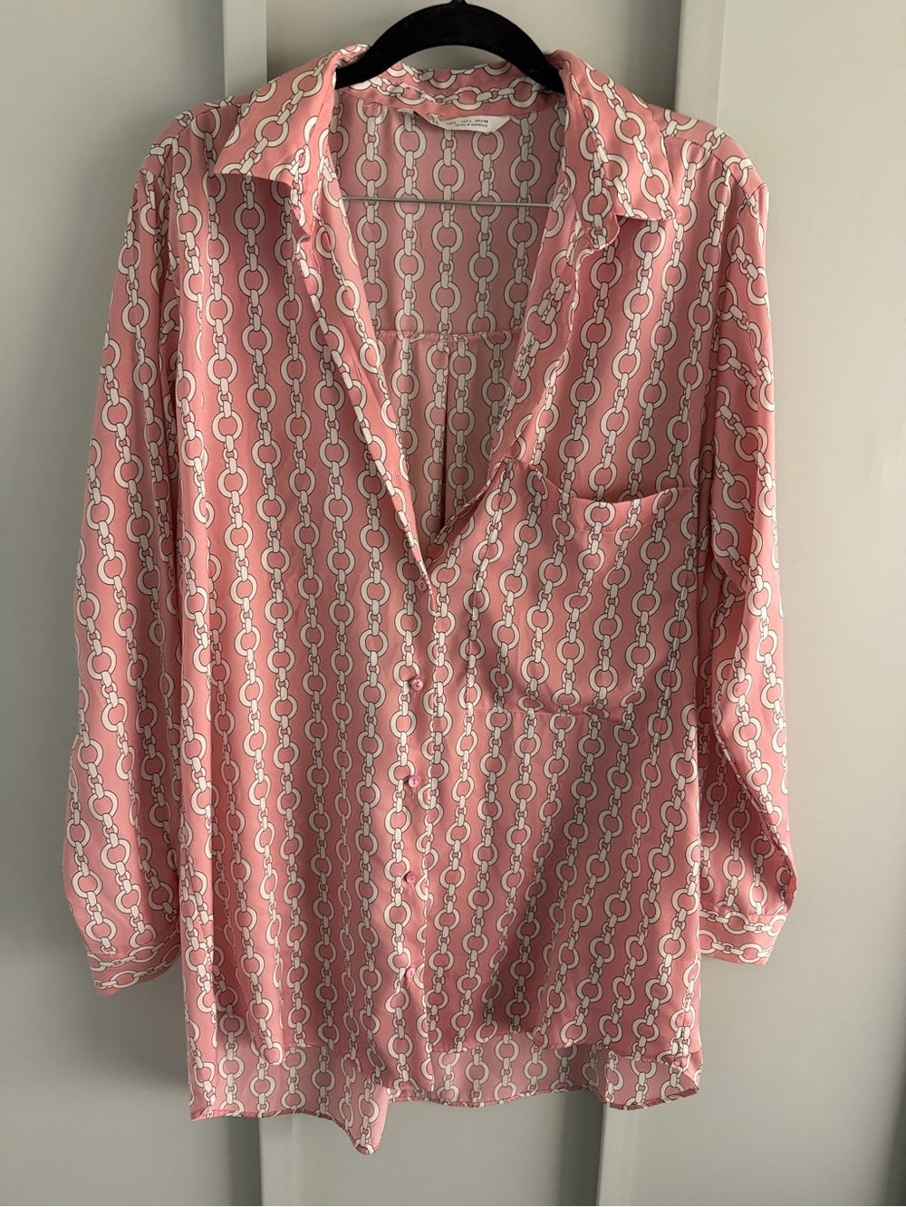 Zara Pink Geometric Chain Link Oversized Satin Blouse L