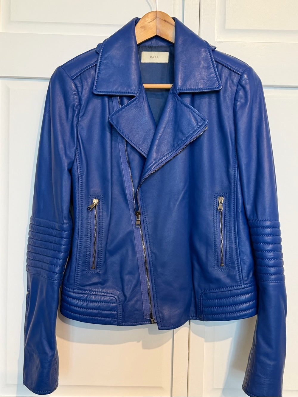 ZAPA Paris Blue 100% Lamb Leather Moto Biker Jacket 42 - US 10 Like New