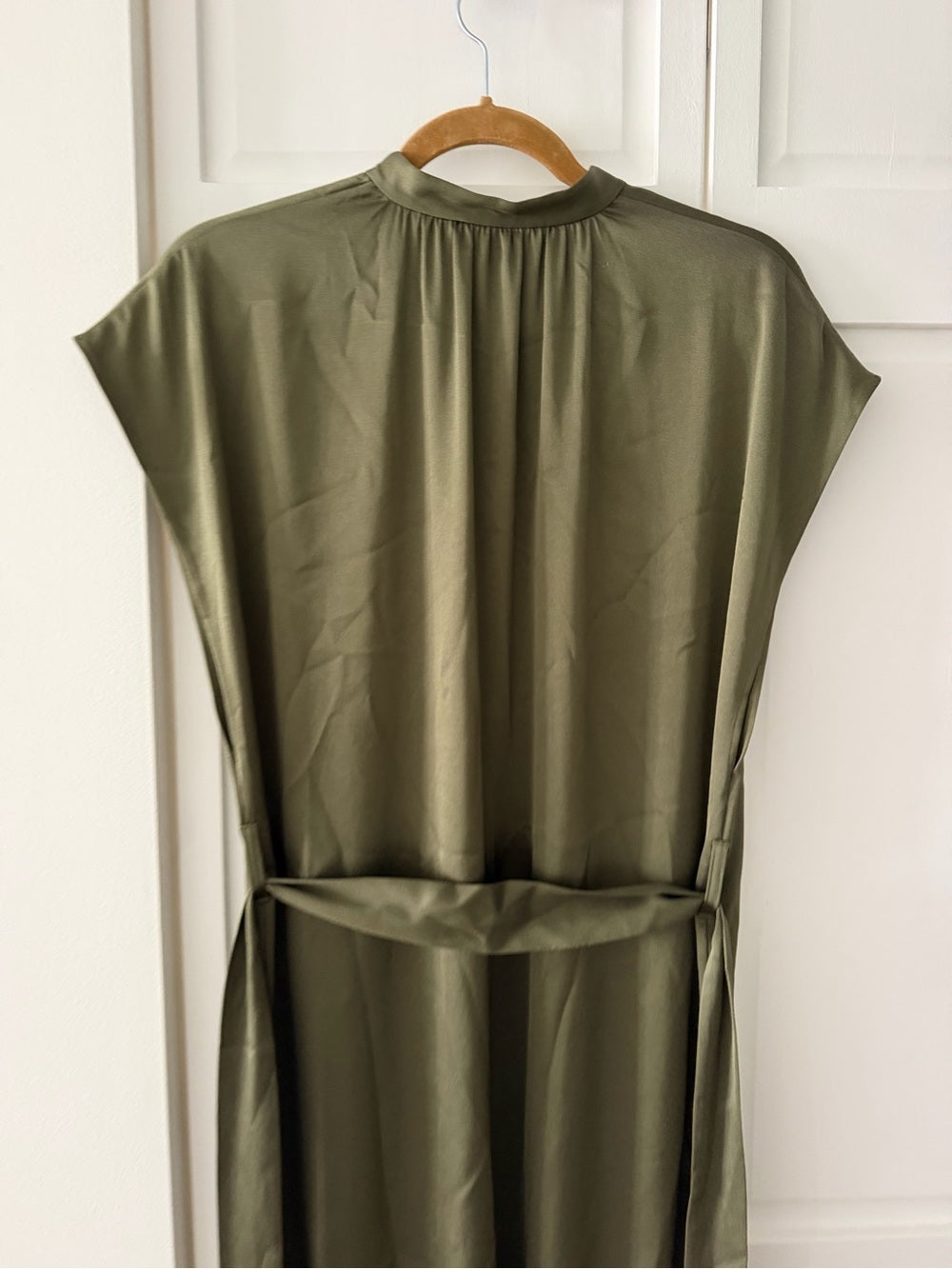Filippa K Olive Green Satin-Finish Midi Dress - Size 36 (Fits Oversized) NWT