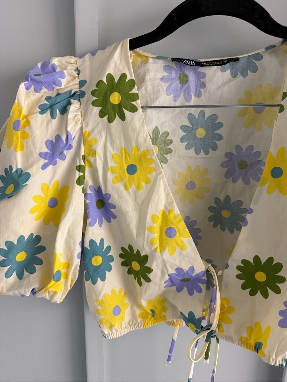 ZARA Floral Yellow Print Tie-Front Puff Sleeve Cropped Cotton Blouse - Size M