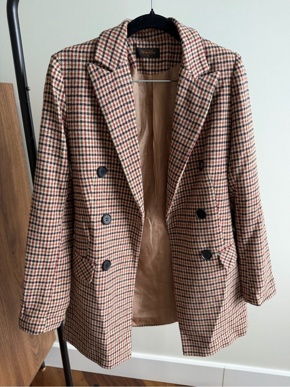 Nana Love French Brand Plaid Double-Breasted Blazer Jacket Size S
