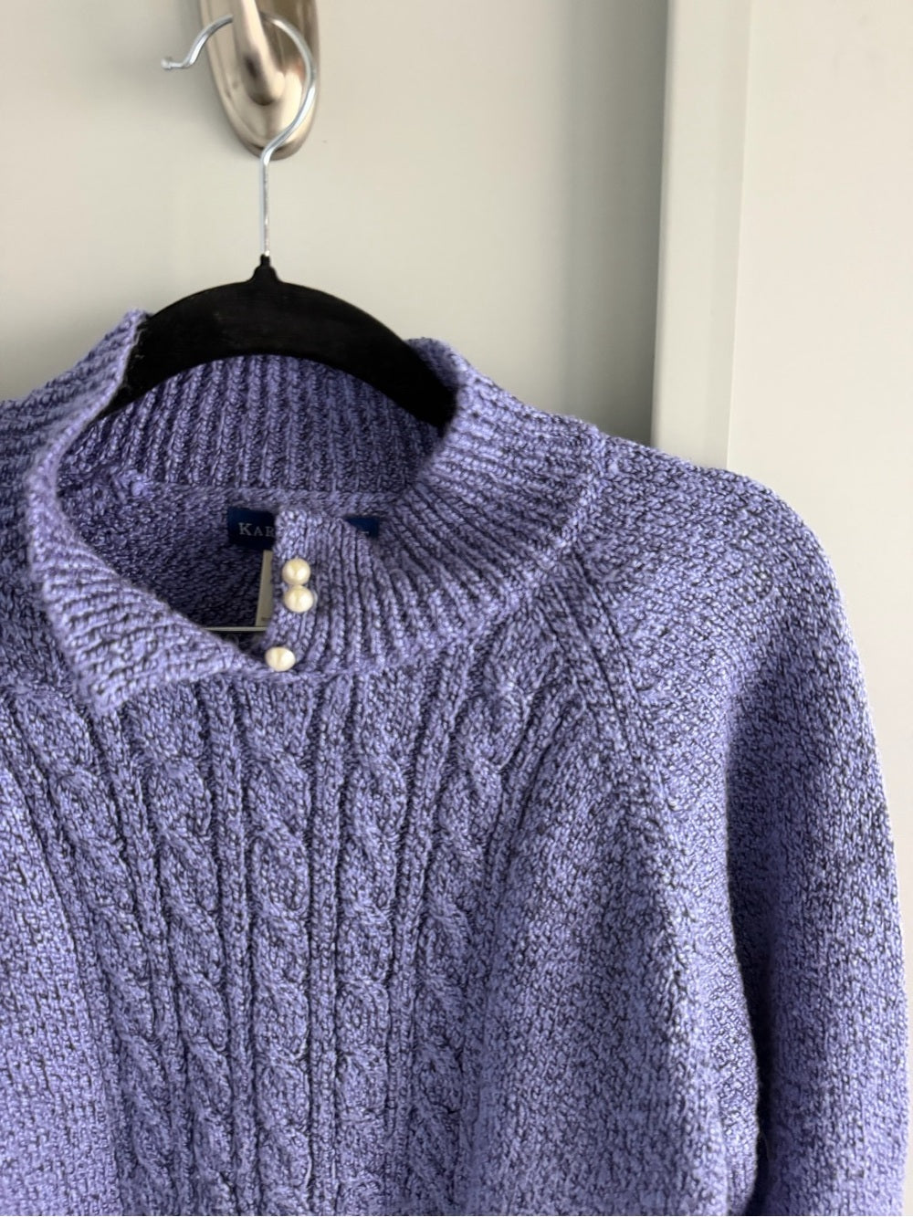 Karen Scott Lavender-Blue Cable Knit Mock Neck Sweater with Pearl Buttons Size M