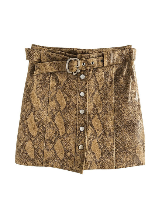 Zara 100% Leather Snakeskin Print Belted Mini Skirt - Size XS