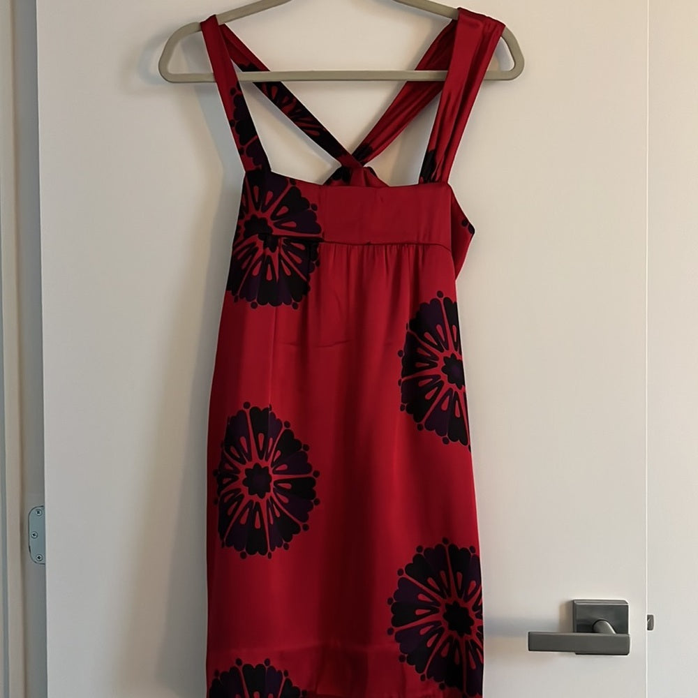 2000s Vintage Marc by Marc Jacobs Red Floral Satin Halter Mini Cocktail Dress