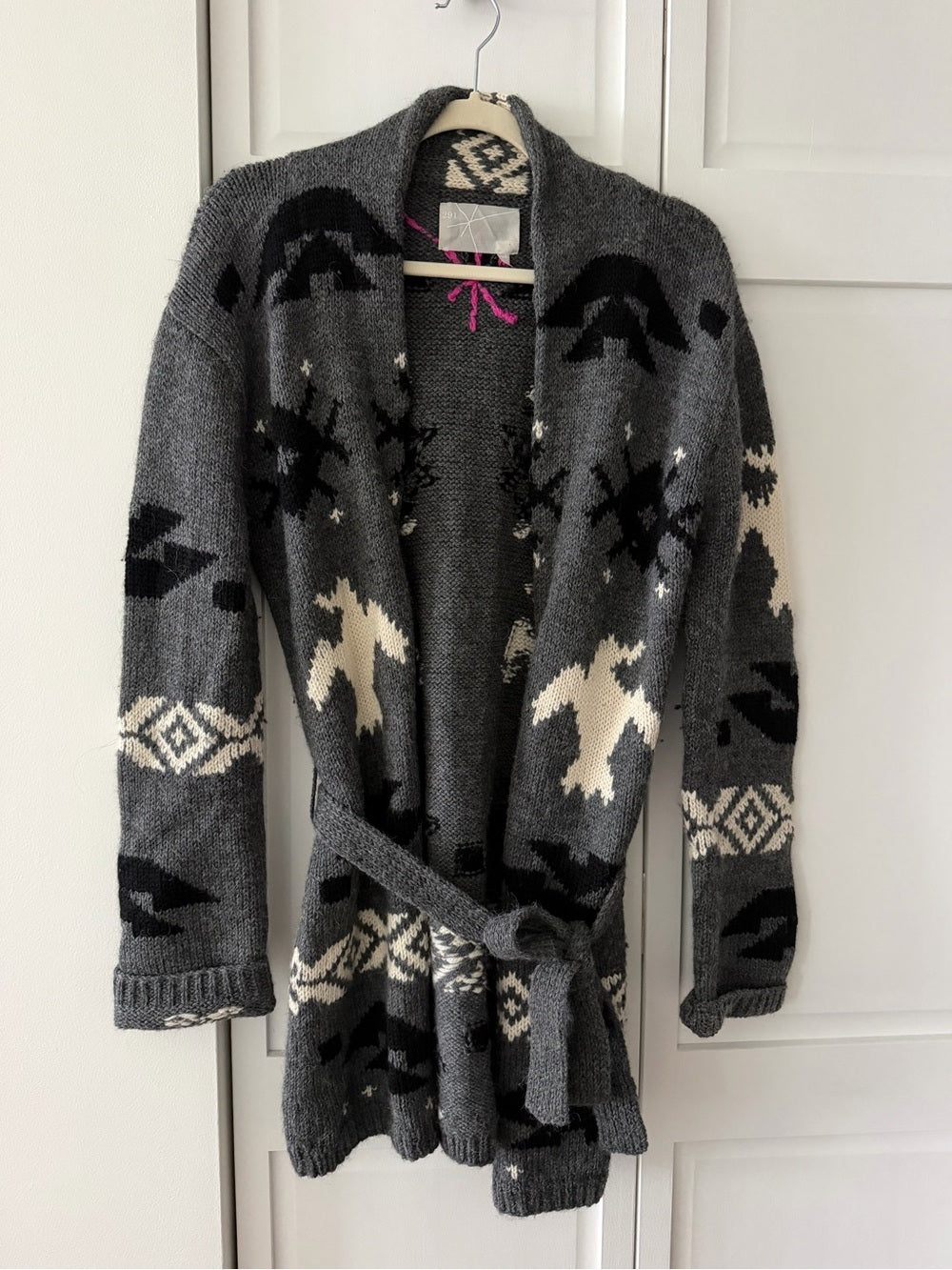 291 Venice Alpaca Wool Aztec Bird Shawl Belted Cardigan Sweater size M-L