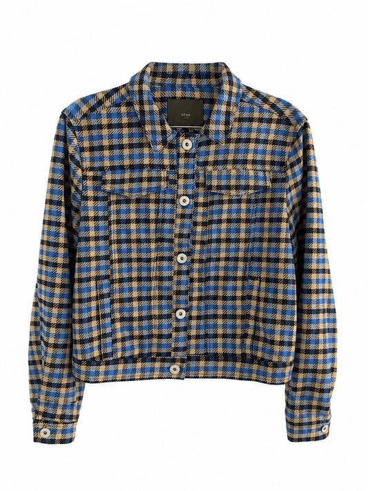 ICHI Blue & Beige Checkered Button-Up Jacket - Size 36 Like New Size S