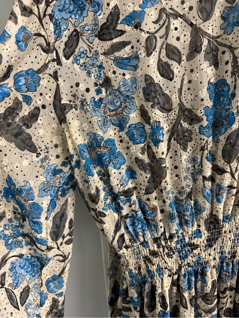 MISA Los Angeles Floral Chiffon Smocked Waist Tie Neck Dress L