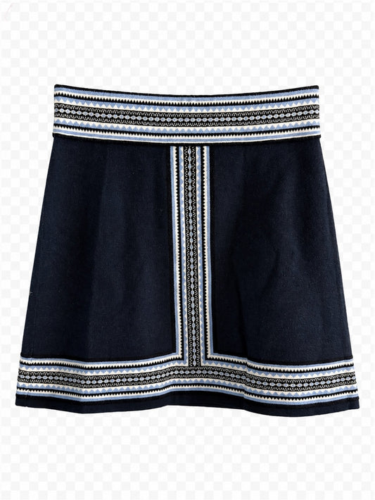 Club Monaco Navy Blue Geometric Border Knit Mini Skirt S
