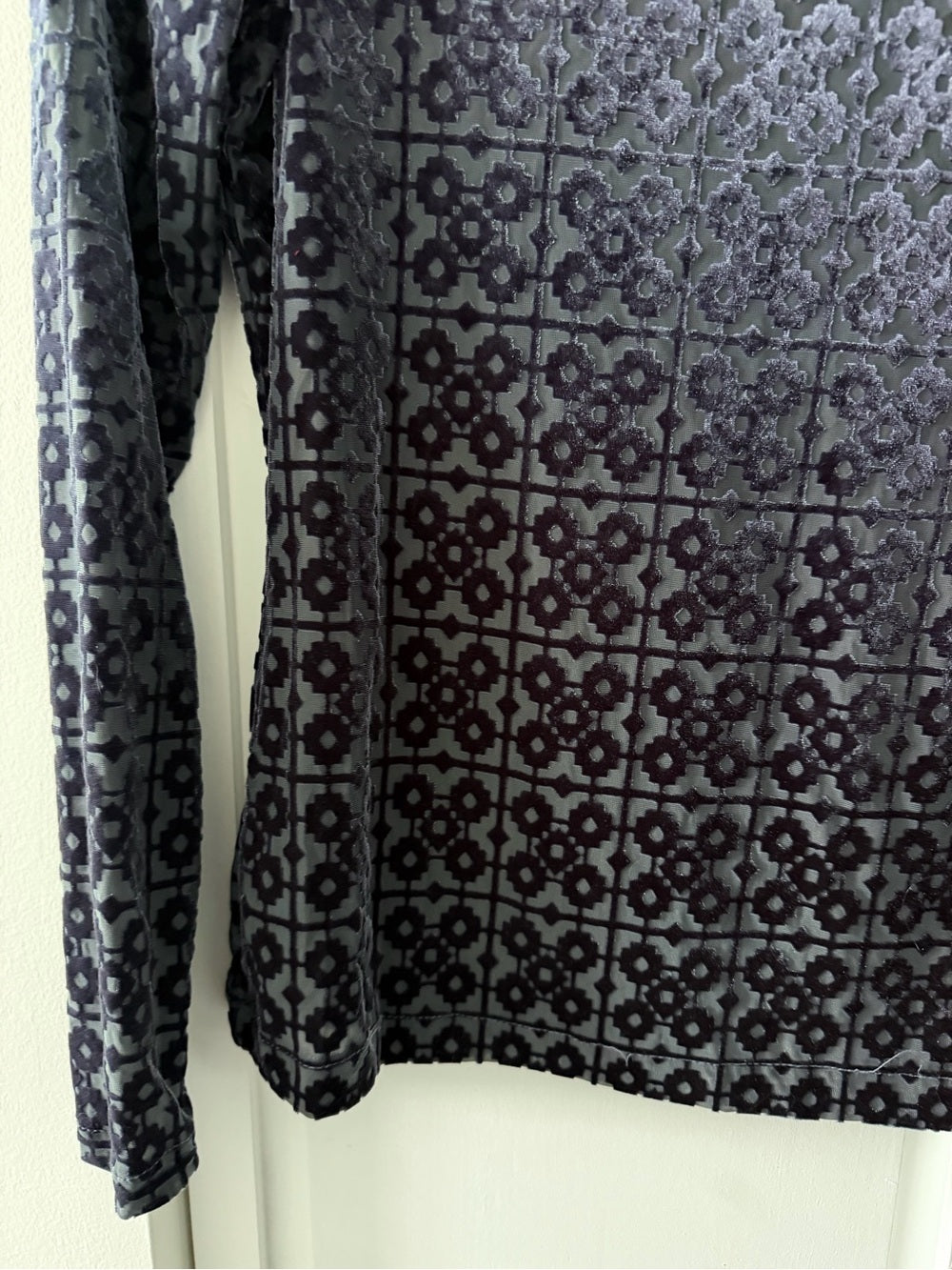 Vintage Sheer Mesh Velvet Devoré Geometric Long Sleeve Top Slate Grey M