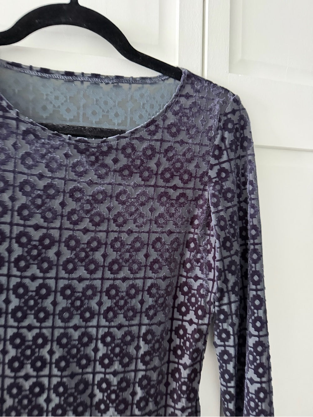 Vintage Sheer Mesh Velvet Devoré Geometric Long Sleeve Top Slate Grey M