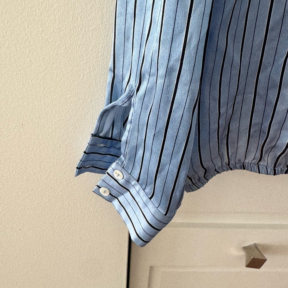 Hence Blue Pinstripe Satin Blouse | Draped V-Neck | Long Sleeve | (Fits M–L)