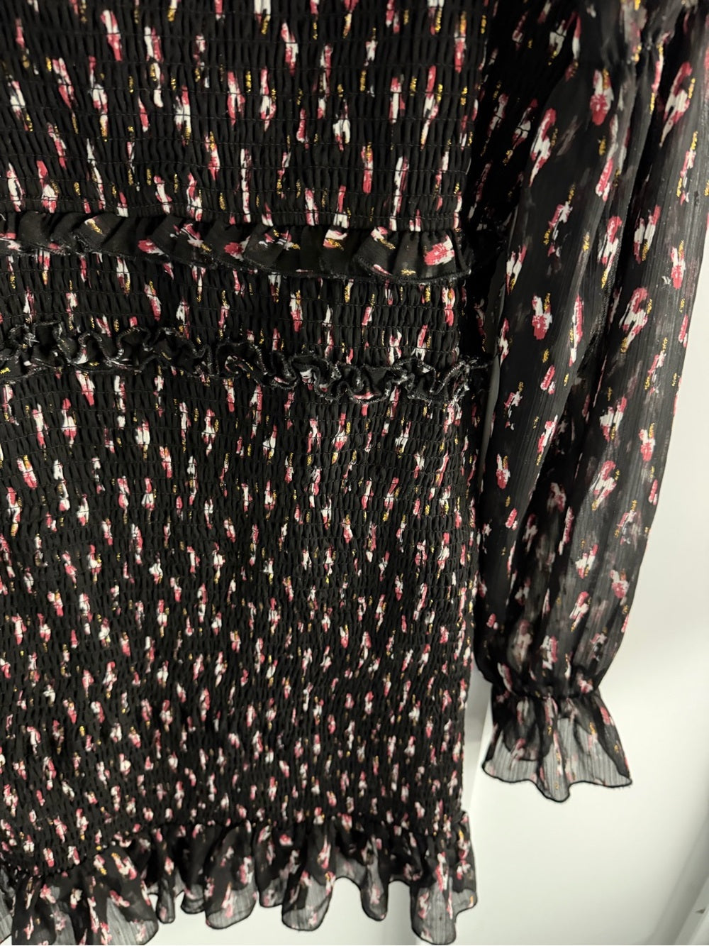 Knedik Metallic Floral Smocked Bodycon Mini Dress L