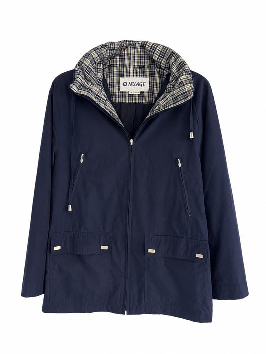 Nuage Navy Blue Plaid-Lined Short Trench Jacket - Size Small