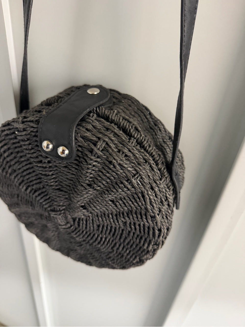 Vintage Black Round Woven Raffia Crossbody Bag