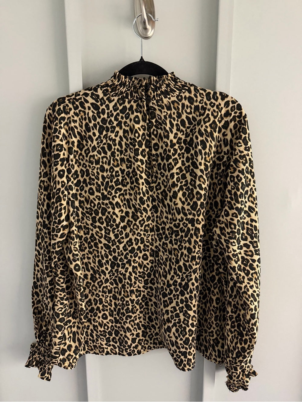 Vintage Italian Leopard Print Smocked Mock Neck Blouse L