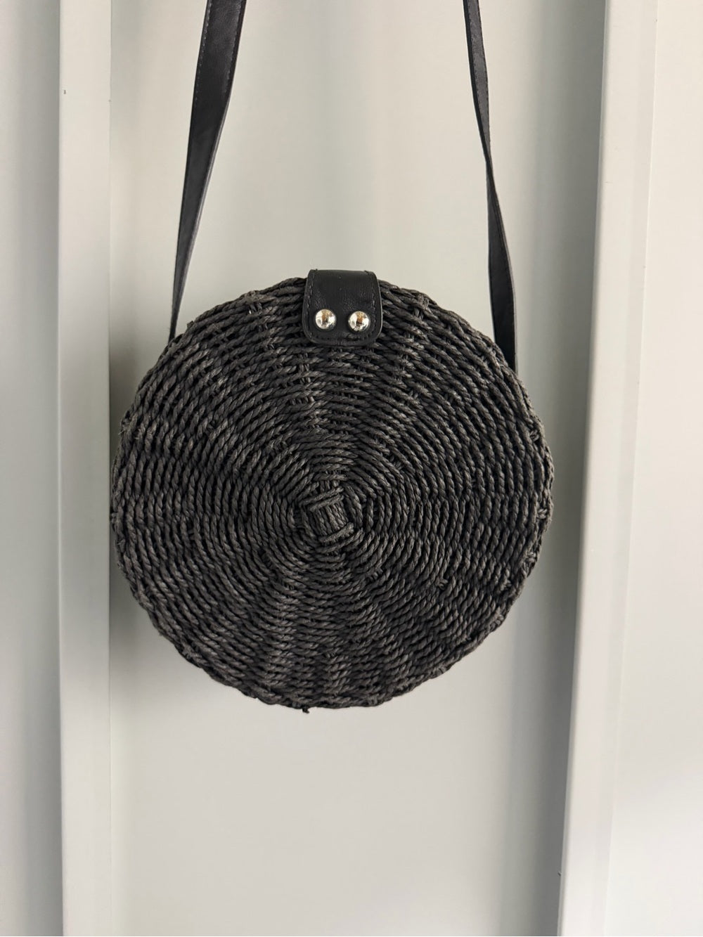 Vintage Black Round Woven Raffia Crossbody Bag