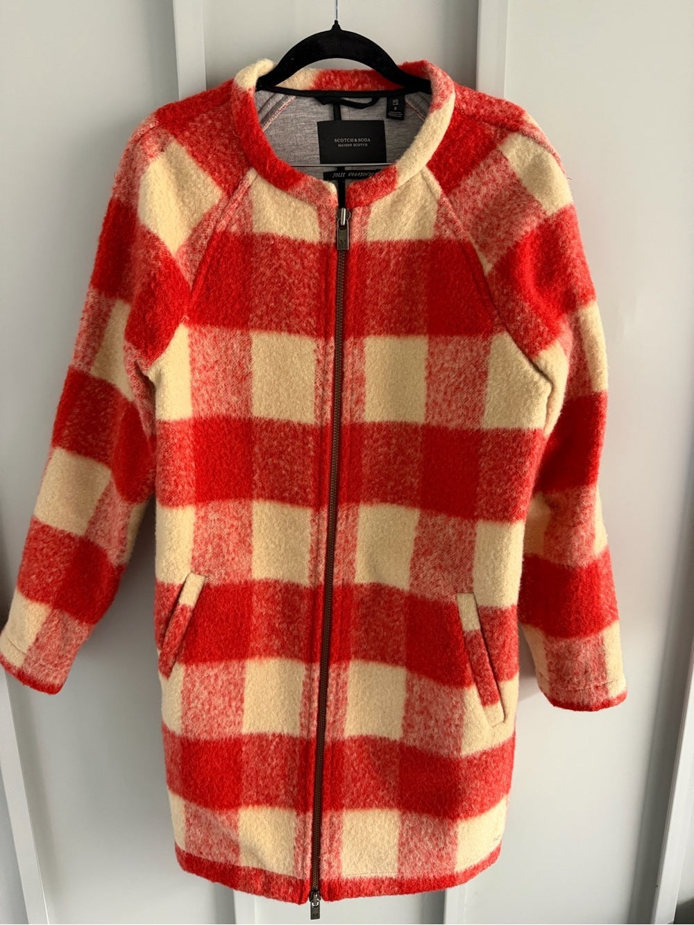 Maison Scotch Red & Cream Buffalo Check Boiled Wool-Blend Coat - Size 2