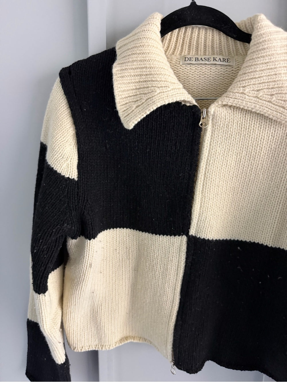 De Base Karé Black & White Colorblock Wool Blend Zip-Up Sweater Size L