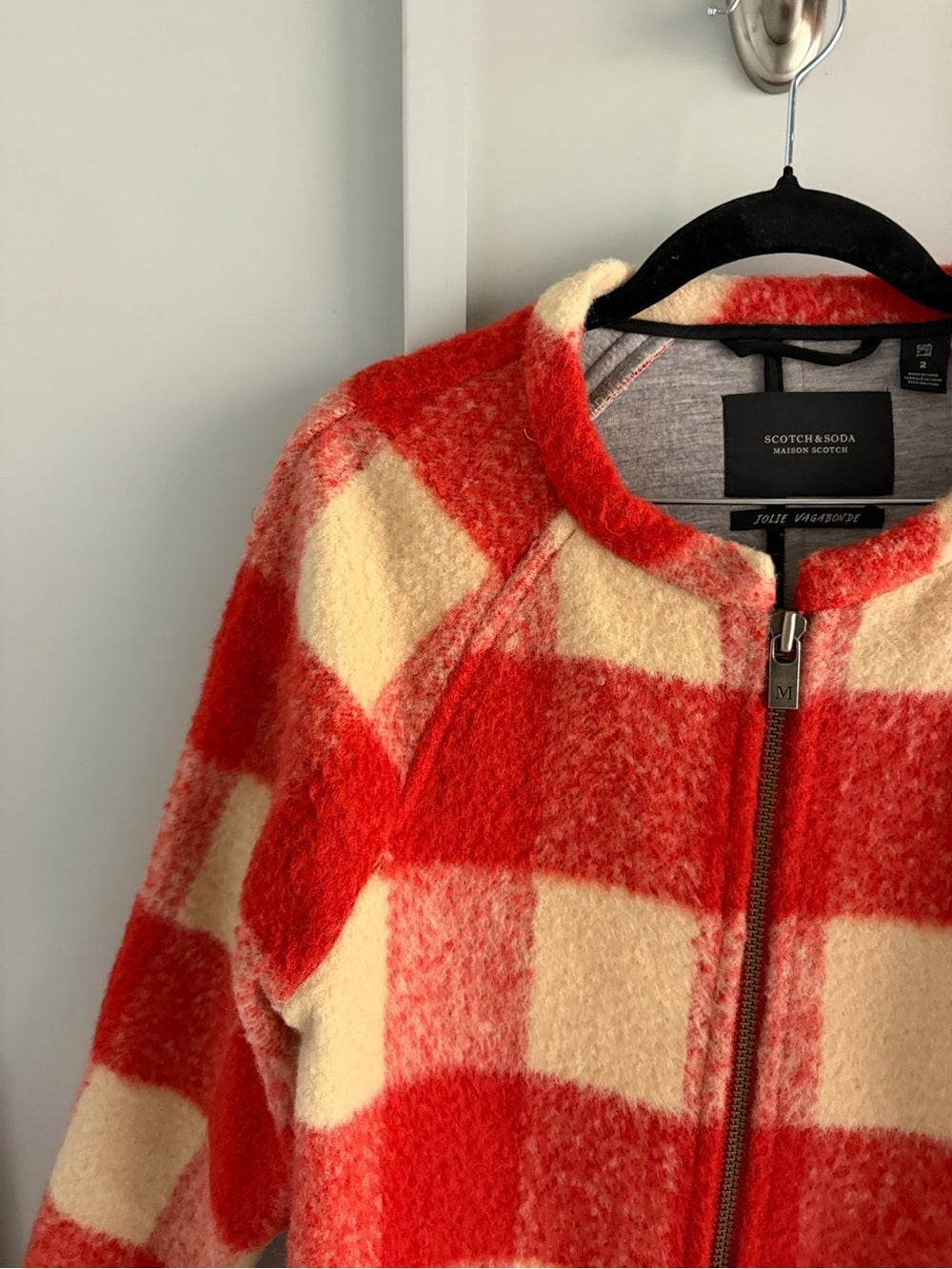 Maison Scotch Red & Cream Buffalo Check Boiled Wool-Blend Coat - Size 2