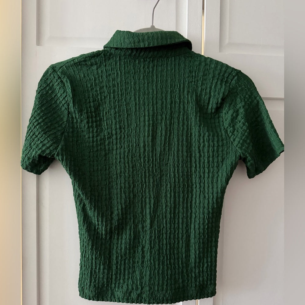NWOT Stradivarius Ruched Textured Button Down Short Sleep Top in Green – Size S